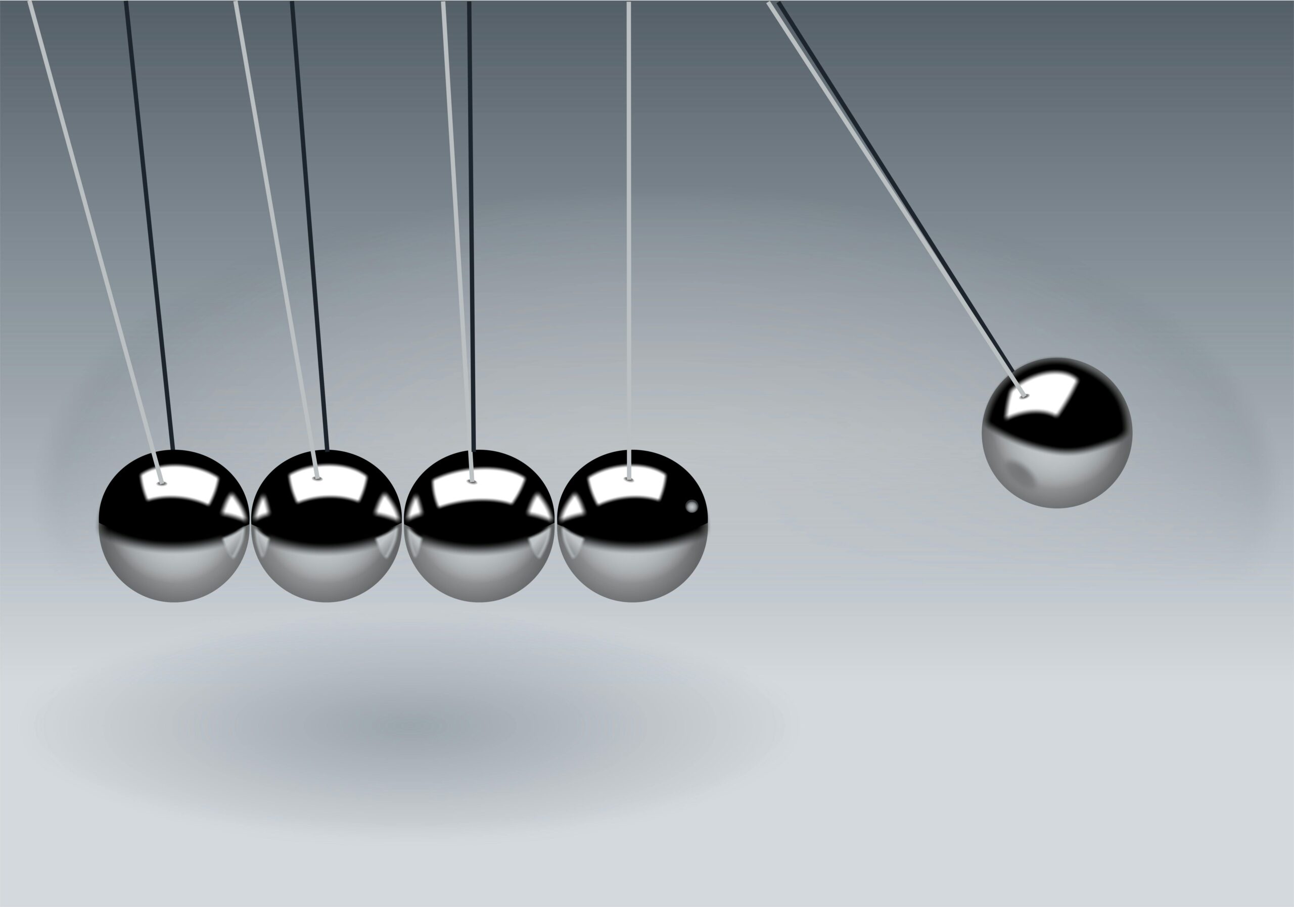 Online Classes Dynamic illustration of Newton's Cradle showing motion and reflection concepts in physics.